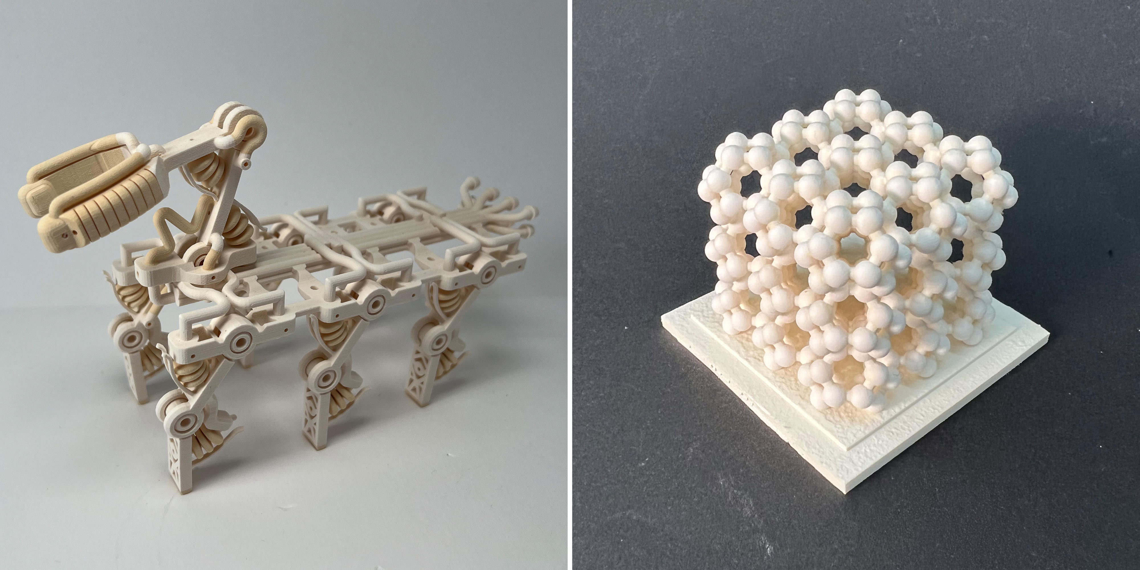 left panel shows a robot with a pincer-like grabber and six legs, right panel shows a cube-shaped molecular structure of a new material